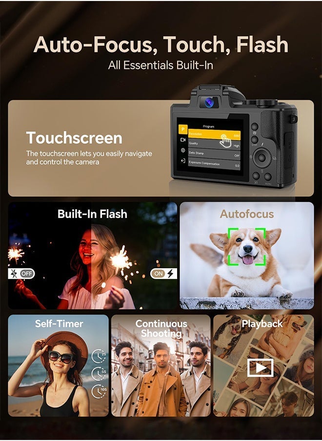 FLOWING 8K Digital Camera, 88MP Cameras for Photography with WiFi & Touch Screen, 16X Zoom Vlogging Camera for YouTube Video, Autofocus & Anti-Shake, Dual Camera, Batteries, 128GB Card, Flash, Lens Hood - Image 3