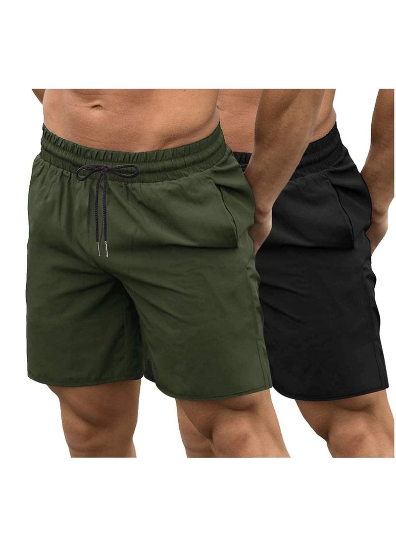 Men's 2 Pack Gym Workout Shorts Quick Dry Bodybuilding Weightlifting Pants Training Athletic Running Jogger with Pockets（Black + Green,L） - Image 1