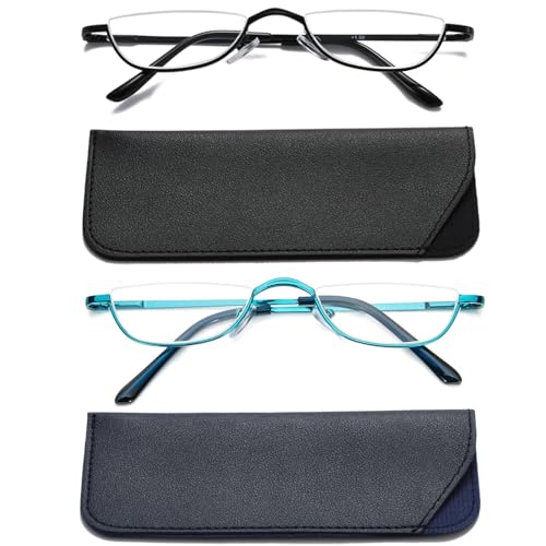 Viseng Half Frame Reading Glasses for Women Men Slim Half Moon Lens Readers Metal Semi Rimless eyewear Blue+Black+2.0 - Image 1