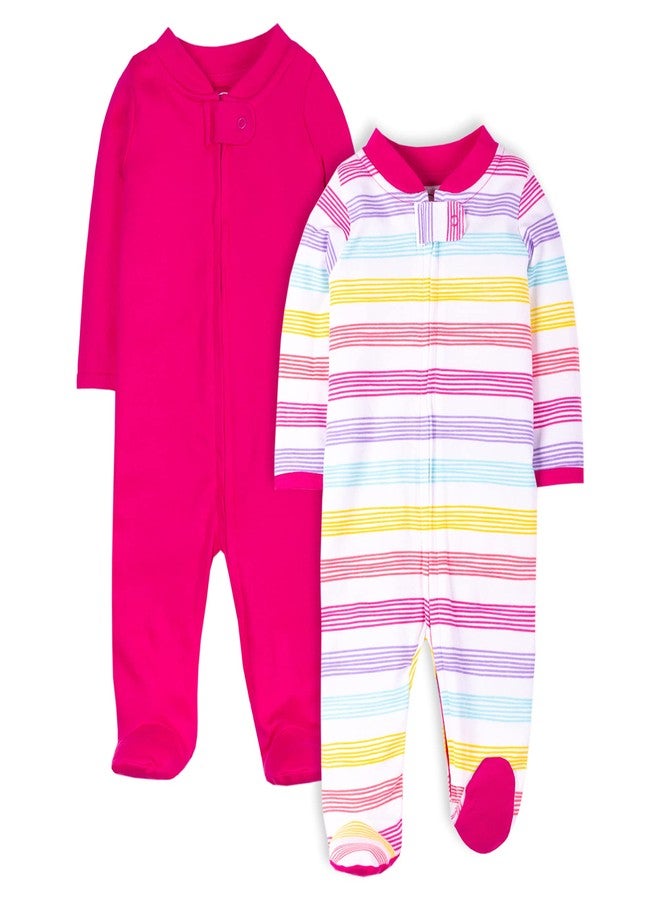 Lamaze Baby Girls' Super Combed Natural Cotton Sleep n Play,Zipper Closure Footed Sleepwear, 2 Pk, Pink/Rainbow Stripes, 6 Months - Image 1