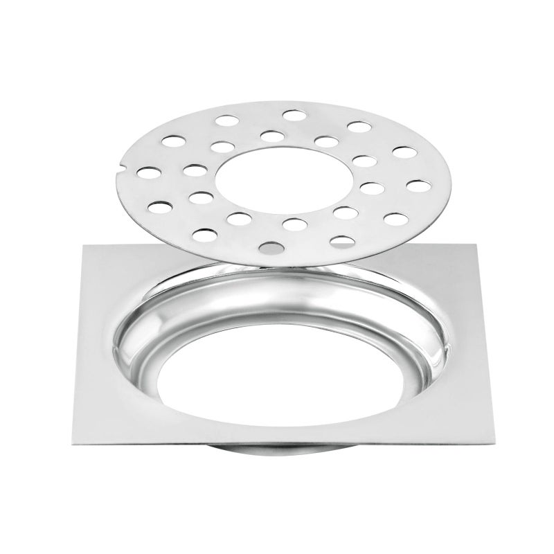 NEW WARE Square 4x4 Inch Stainless Steel Bathroom Jali/Trap Floor Drain with Center Hole and Chrome Finish Water Drain Grating - Image 1