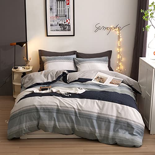 DREAMINGO DREAMINGO Queen Duvet Cover Gray Blue White Stripes Modern Geometric Bedding Set for Teen Boys Men 100 Cotton Lightweight Soft Reversible Quilt Cover with Zipper