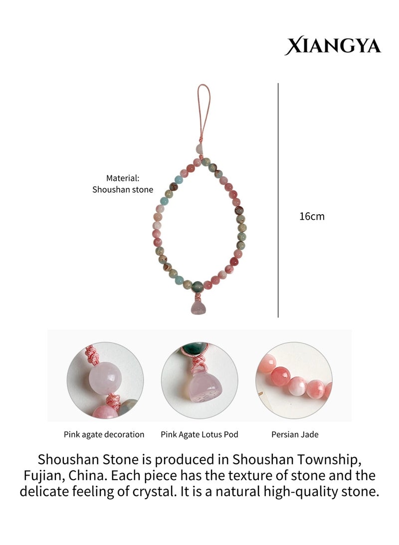 XIANGYA Lanyard Phone Shoushan Stone Beaded Phone Charm – Natural Crystal Phone Lanyard & Phone Strap with Pink Agate & Jade Beads, Durable Mobile Chain Keychain & Wrist Phone Bracelet, 16cm Adjustable Handmade Pendant - Image 3