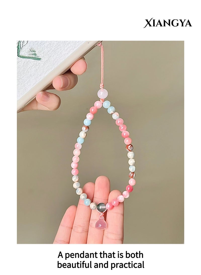 XIANGYA Lanyard Phone Shoushan Stone Beaded Phone Charm – Natural Crystal Phone Lanyard & Phone Strap with Pink Agate & Jade Beads, Durable Mobile Chain Keychain & Wrist Phone Bracelet, 16cm Adjustable Handmade Pendant - Image 2