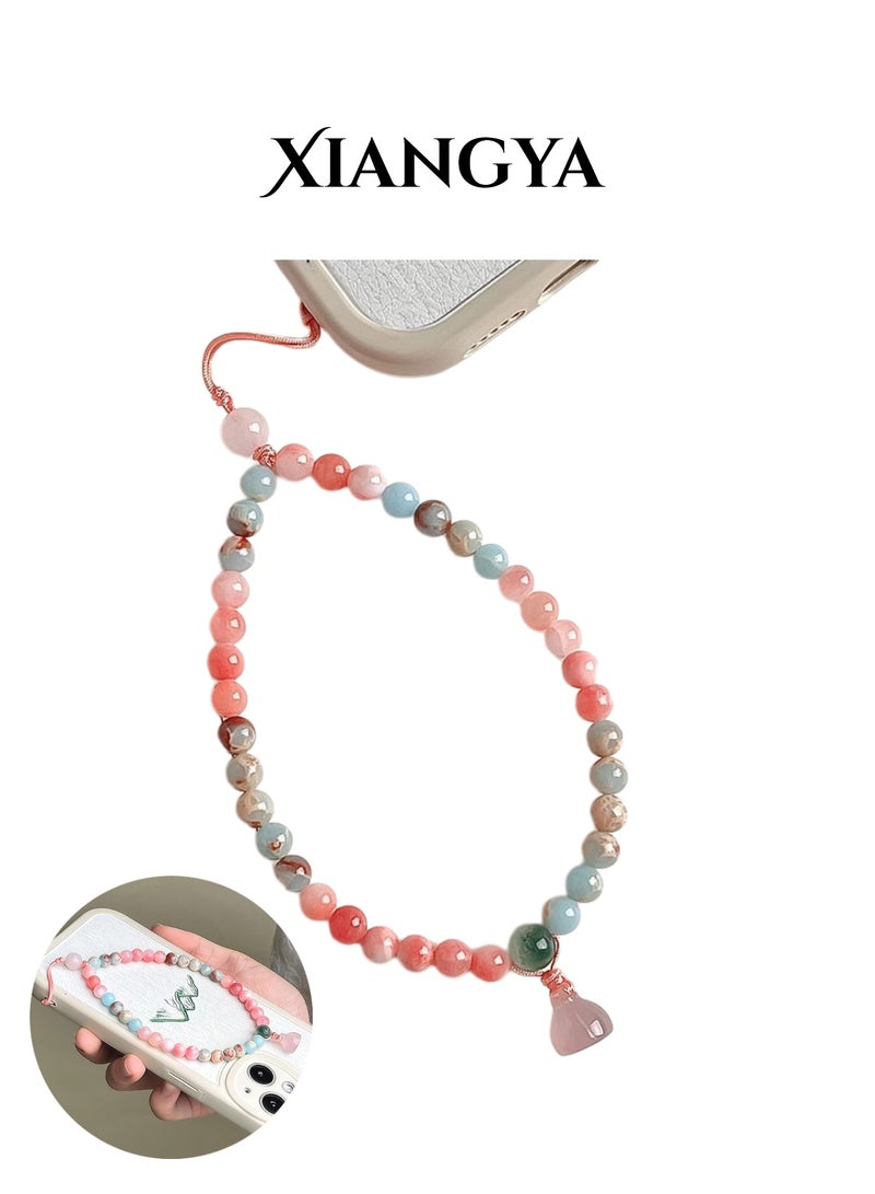 XIANGYA Lanyard Phone Shoushan Stone Beaded Phone Charm – Natural Crystal Phone Lanyard & Phone Strap with Pink Agate & Jade Beads, Durable Mobile Chain Keychain & Wrist Phone Bracelet, 16cm Adjustable Handmade Pendant - Image 1