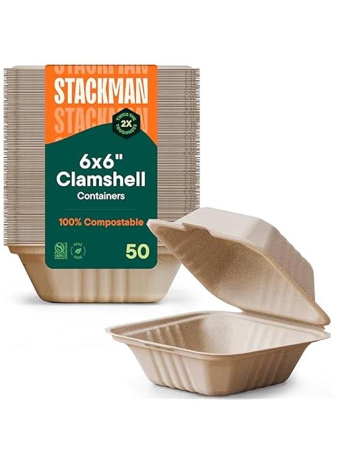 Arabest Eco-Friendly Biodegradable Clamshell Food Containers, 6x6 Size, Pack of 50 Made from Sugar Cane Fibers, Heavy-Duty Quality for Takeout.  - Image 1