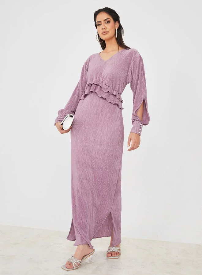 Styli Frill Detail Plisse Maxi Dress with Slit Sleeve