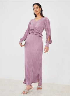 Frill Detail Plisse Maxi Dress with Slit Sleeve