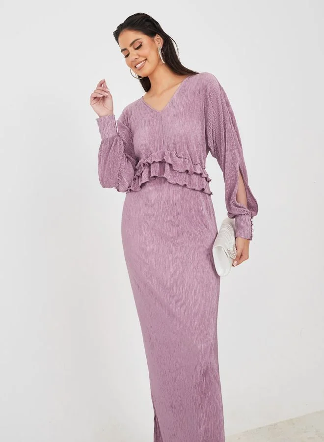 Styli Frill Detail Plisse Maxi Dress with Slit Sleeve