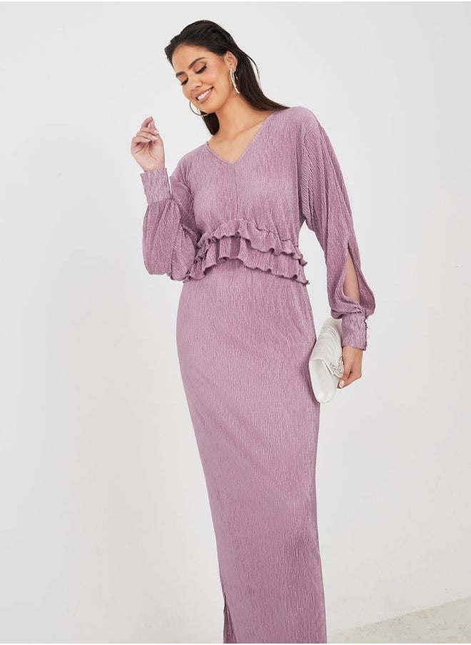 Styli - Frill Detail Plisse Maxi Dress with Slit Sleeve - Image 1