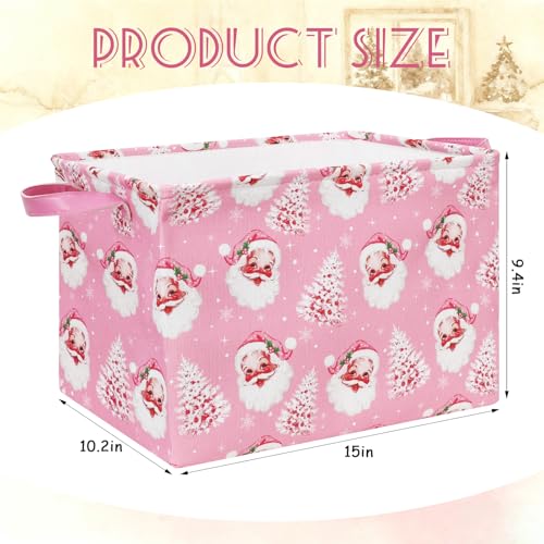 FYSUIMU 2Pcs Pink Christmas Storage Basket Collapsible Canvas Organizer Cute Xmas Tree Santa Fabric Storage Bin with Handles for Shelf Closet Holiday Home Organizer Decor - Image 3