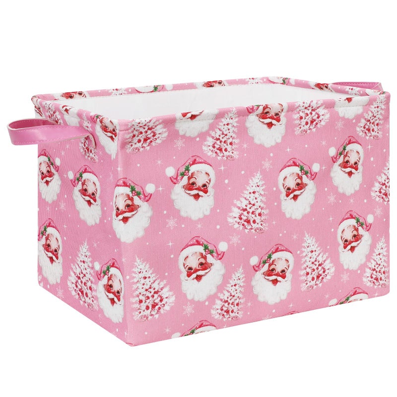 FYSUIMU 2Pcs Pink Christmas Storage Basket Collapsible Canvas Organizer Cute Xmas Tree Santa Fabric Storage Bin with Handles for Shelf Closet Holiday Home Organizer Decor - Image 2
