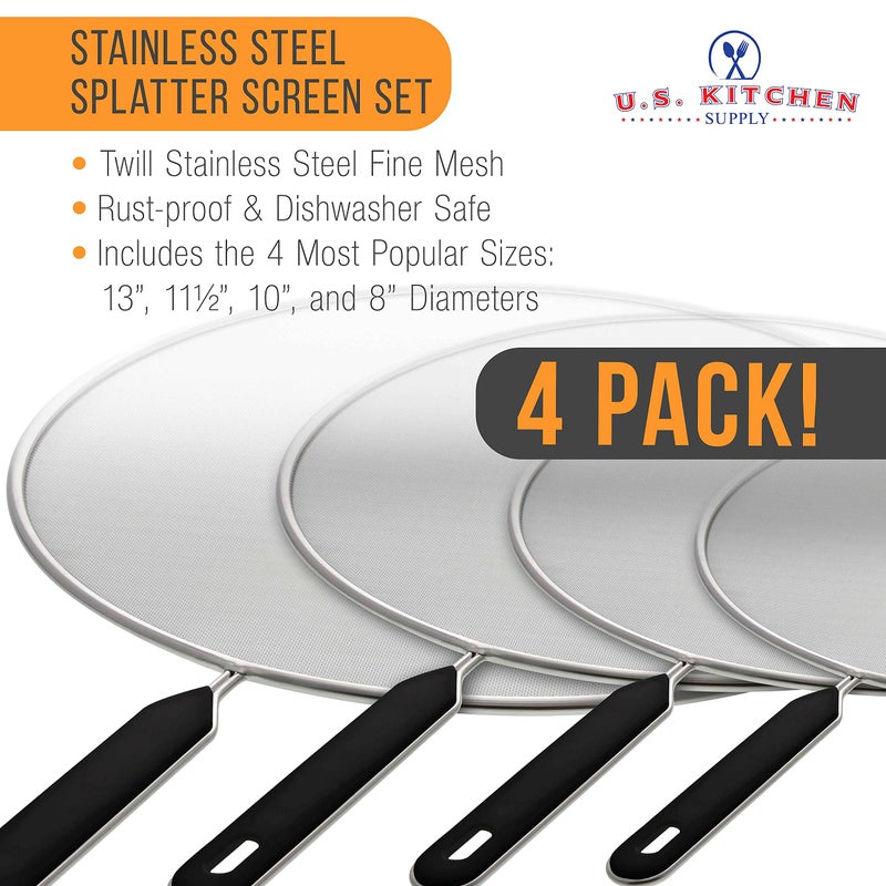 U.S. Kitchen Supply Set of 4 Classic Splatter Screens, 13", 11.5", 10", and 8" - Stainless Steel Fine Mesh, Comfort Grip Handles - Use on Boiling Pots Frying Pans - Grease Oil Guard, Safe Cooking Lid - Image 3