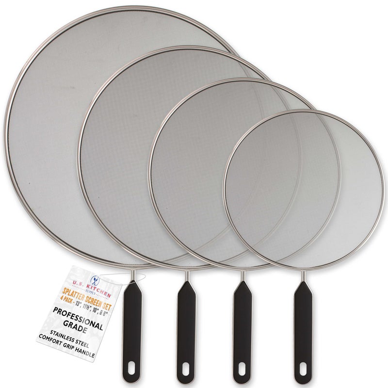 U.S. Kitchen Supply Set of 4 Classic Splatter Screens, 13", 11.5", 10", and 8" - Stainless Steel Fine Mesh, Comfort Grip Handles - Use on Boiling Pots Frying Pans - Grease Oil Guard, Safe Cooking Lid - Image 1