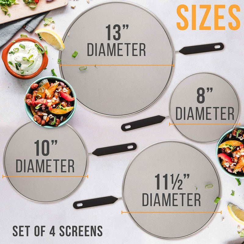 U.S. Kitchen Supply Set of 4 Classic Splatter Screens, 13", 11.5", 10", and 8" - Stainless Steel Fine Mesh, Comfort Grip Handles - Use on Boiling Pots Frying Pans - Grease Oil Guard, Safe Cooking Lid - Image 2