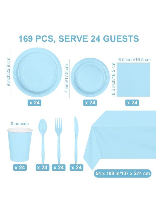 Kochorie 169 Pieces Light Blue Party Supplies Disposable Dinnerware Set Include Plates and Cups Napkins Plastic Forks Knives Spoons Tablecloth for Wedding Birthday Party Decorations, Serve 24 Guests - Image 2