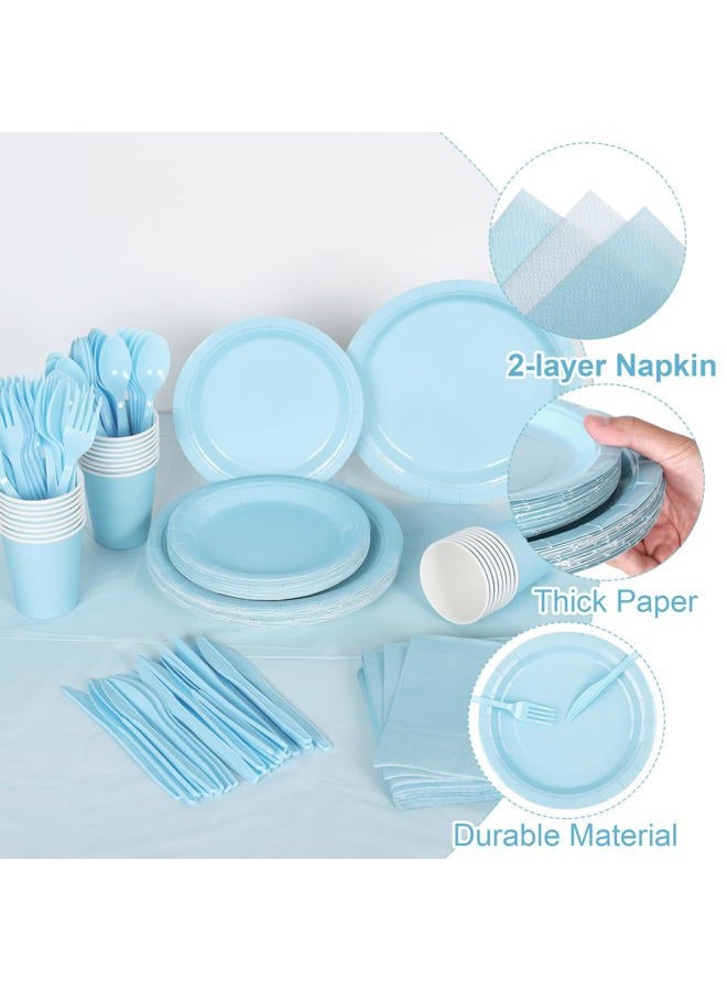 Kochorie 169 Pieces Light Blue Party Supplies Disposable Dinnerware Set Include Plates and Cups Napkins Plastic Forks Knives Spoons Tablecloth for Wedding Birthday Party Decorations, Serve 24 Guests - Image 3