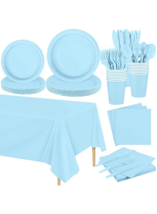 Kochorie 169 Pieces Light Blue Party Supplies Disposable Dinnerware Set Include Plates and Cups Napkins Plastic Forks Knives Spoons Tablecloth for Wedding Birthday Party Decorations, Serve 24 Guests - Image 1