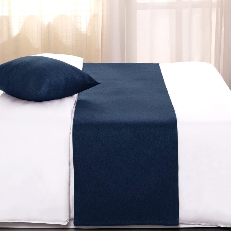 AMBERIS Bed Runner Dark Blue, Imitation Linen Decorative Bed Scarf for Home Hotel - Image 2