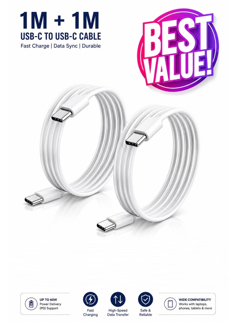 2-Pack USB Type-C to USB Type-C Cables – 1m – 20W – White - Image 1