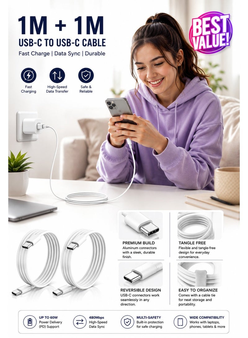 2-Pack USB Type-C to USB Type-C Cables – 1m – 20W – White - Image 4