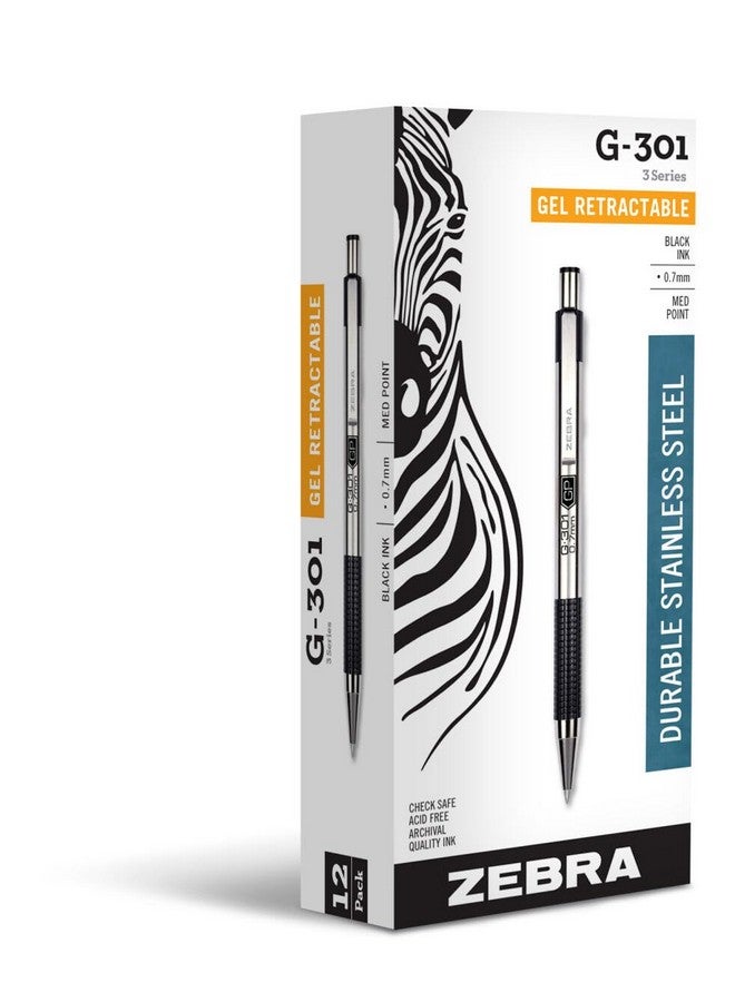 Zebra Pen G-301 Retractable Gel Ink Pen, Stainless Steel Barrel, Medium Point, 0.7mm, Black Ink, 12-Pack - Image 1