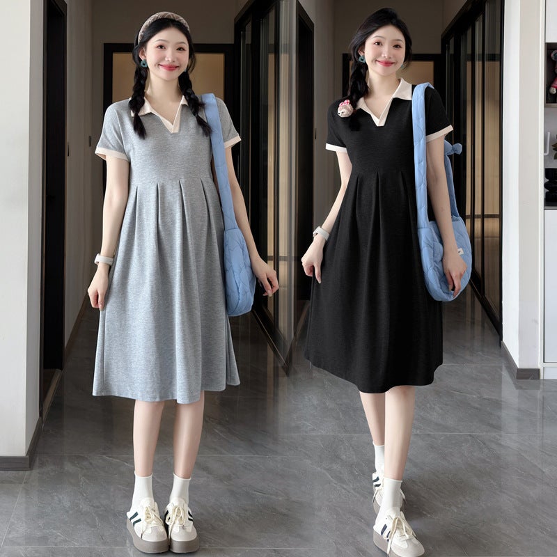 Pregnant Women Summer Pleated Loose Slimming Breathable Fashion Belly Covering Trendy Mom Summer Mid-Length Pregnant Women'S Dress Trendy - Image 4