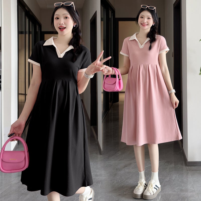 Pregnant Women Summer Pleated Loose Slimming Breathable Fashion Belly Covering Trendy Mom Summer Mid-Length Pregnant Women'S Dress Trendy - Image 2