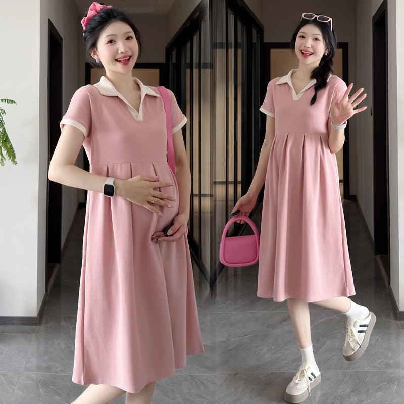 Pregnant Women Summer Pleated Loose Slimming Breathable Fashion Belly Covering Trendy Mom Summer Mid-Length Pregnant Women'S Dress Trendy - Image 3