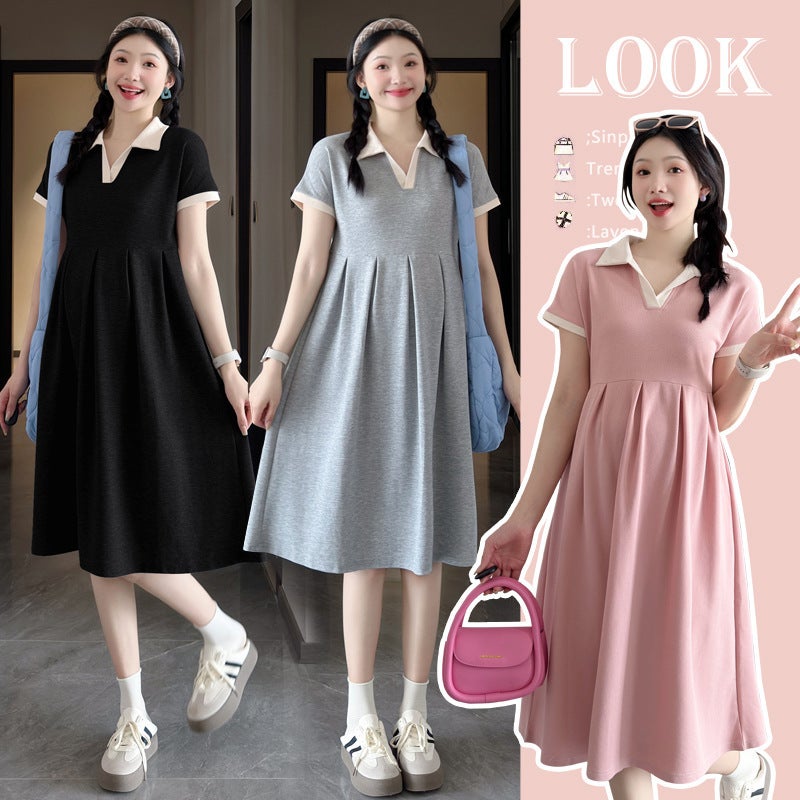 Pregnant Women Summer Pleated Loose Slimming Breathable Fashion Belly Covering Trendy Mom Summer Mid-Length Pregnant Women'S Dress Trendy - Image 1
