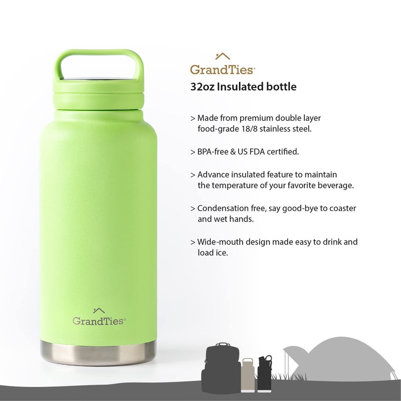 GRANDTIES 2 Lids Sports Stainless Steel Water Bottles - Wide Mouth Vacuum Insulated Reusable Leak Proof BPA-Free Travel Metal Canteen  Thermos Bottles for Men Women Gym (Fresh Mint 32 oz) - Image 2