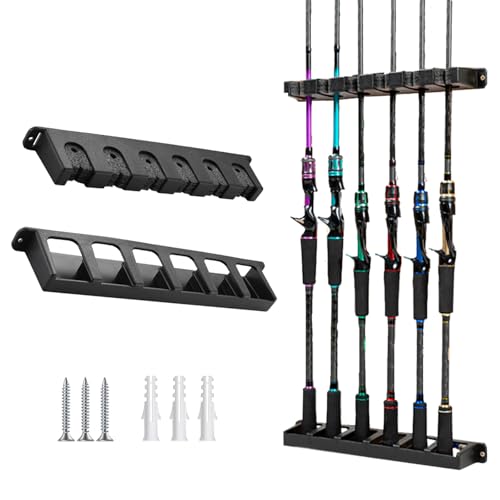Tcakelox Fishing Rod Holder for Garage Fishing Pole Holders Fishing Rod Rack Vertical WallMounted for Garage Stores 6 Rods or Combos Fits Most Rod Diameters Vertical Black 1 Pair - Image 1
