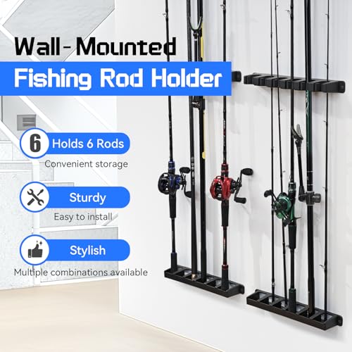 Tcakelox Fishing Rod Holder for Garage Fishing Pole Holders Fishing Rod Rack Vertical WallMounted for Garage Stores 6 Rods or Combos Fits Most Rod Diameters Vertical Black 1 Pair - Image 3