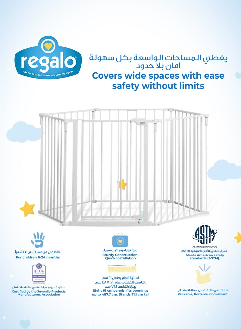 Regalo 2 in 1 Super Wide Safety Gate & Play Yard | 8 Panels | Fits Openings Up to 488 CM | Walk-Through Design | Easy Setup | Sturdy Metal Frame | For Kids 6-24 Months - Image 4
