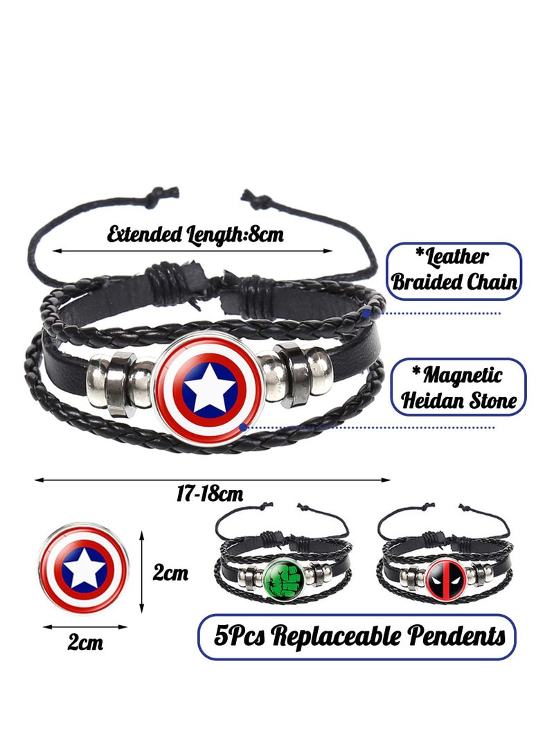SYOSI Braided Bracelets, Super Hero Bracelets with 5pcs Replacement Pendants Adjustable Leather Braided Bracelet for Adults and Children Kids Gift - Image 2