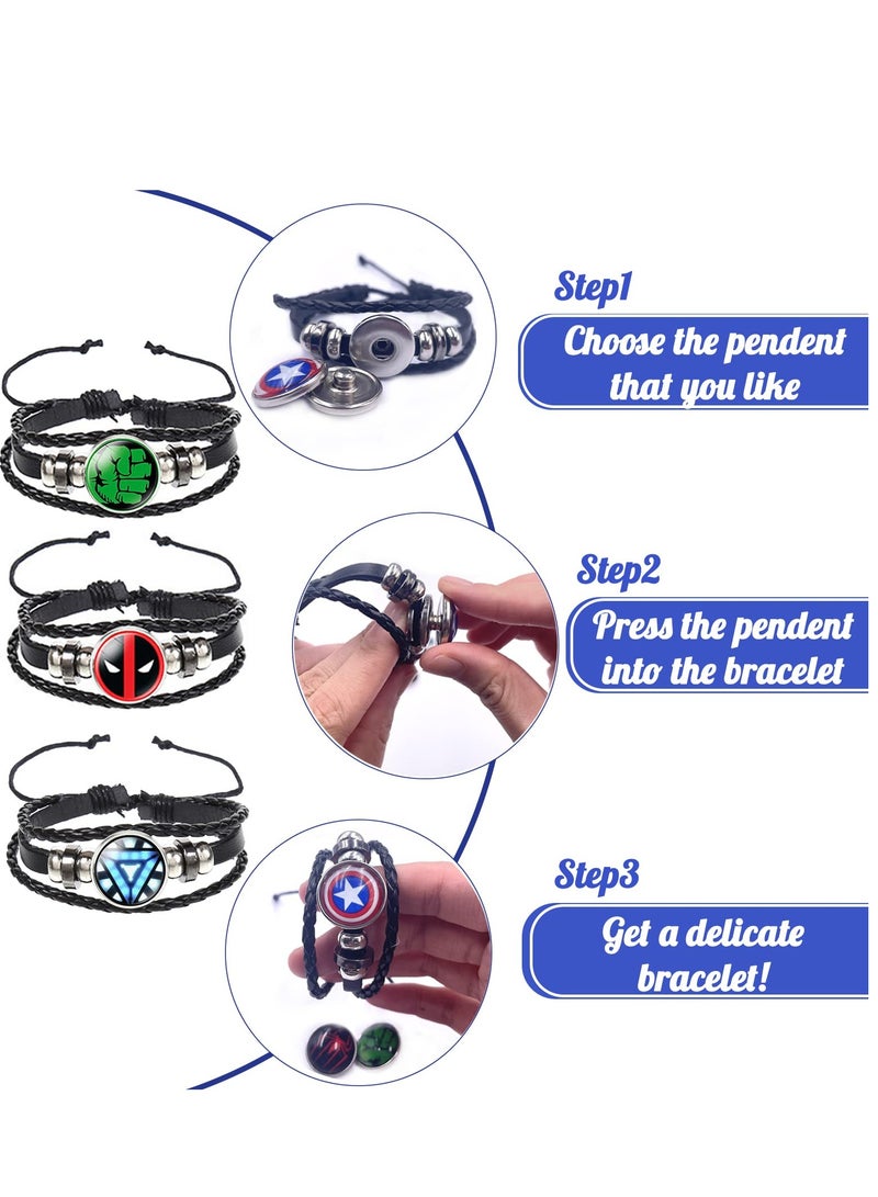 SYOSI Braided Bracelets, Super Hero Bracelets with 5pcs Replacement Pendants Adjustable Leather Braided Bracelet for Adults and Children Kids Gift - Image 3