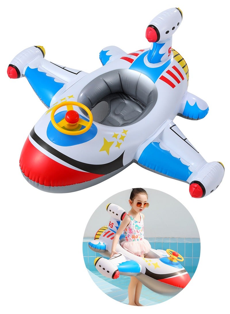 TAPIT Children's Swimming Inflatable Float Cool Airplane-shaped Swimming Float Seat Ring with Steering Wheel for Swimming Pool, Water Play Toy for Kids 1-6 Years Old (White) - Image 1