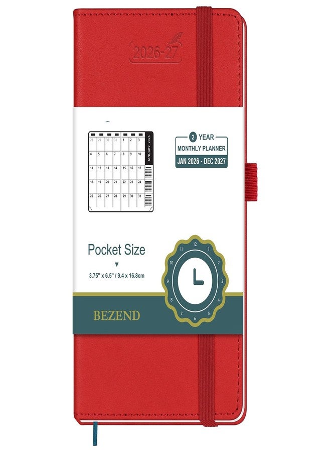 BEZEND Monthly Planner 2026-2027, 2 Year Pocket Calendar for Purse 3.5" x 6.5", Runs Jan 2026 to Dec 2027, 100 GSM Paper, Storage Pocket, Pen Loop & Notes, PU Leather Hardcover - Red - Image 1