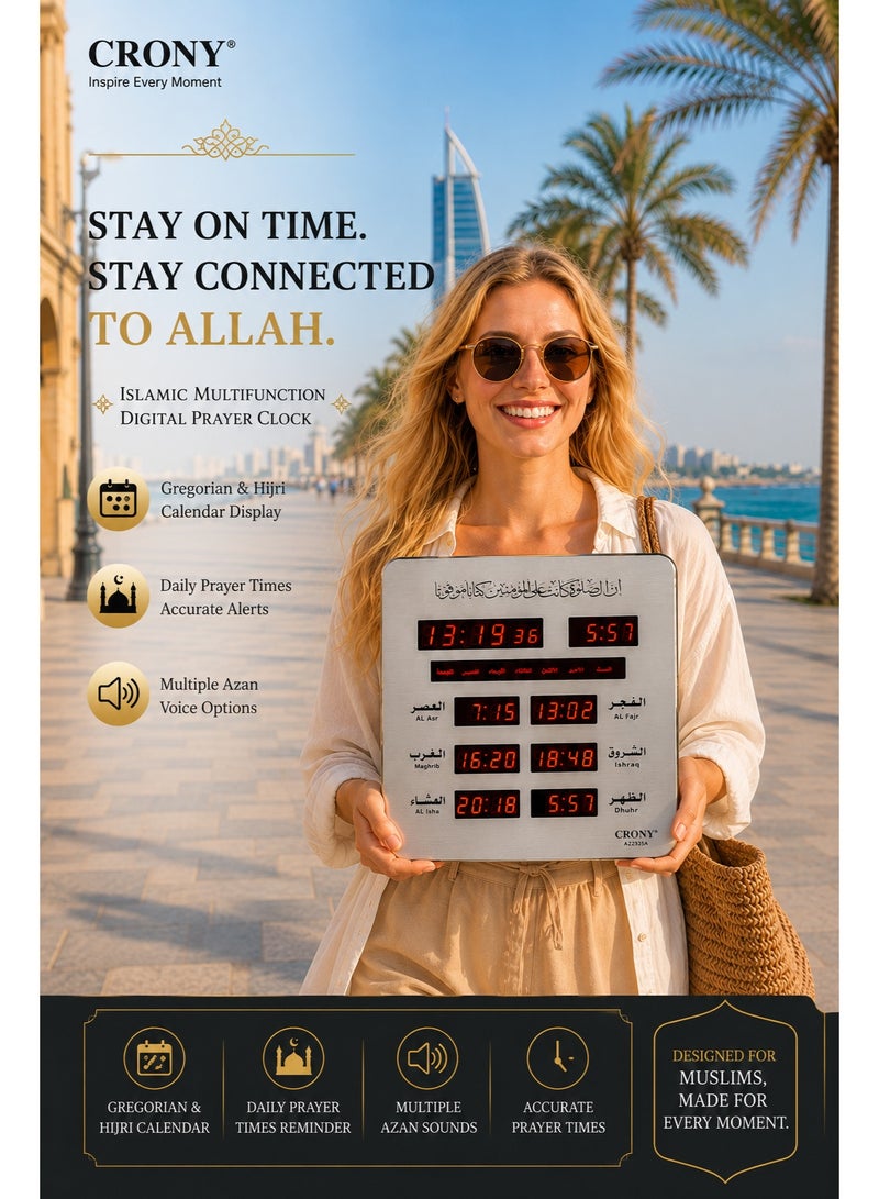 Crony Azan Prayer Clock, Digital LED Wall-Mounted AZAN Clock for Muslims - Reminder of Prayer Times with Islamic Calendar, Prayer Alarm Clock, Suitable for Home, Office, Mosque - Arabic Prayer Call 23x5x25cm - Image 4