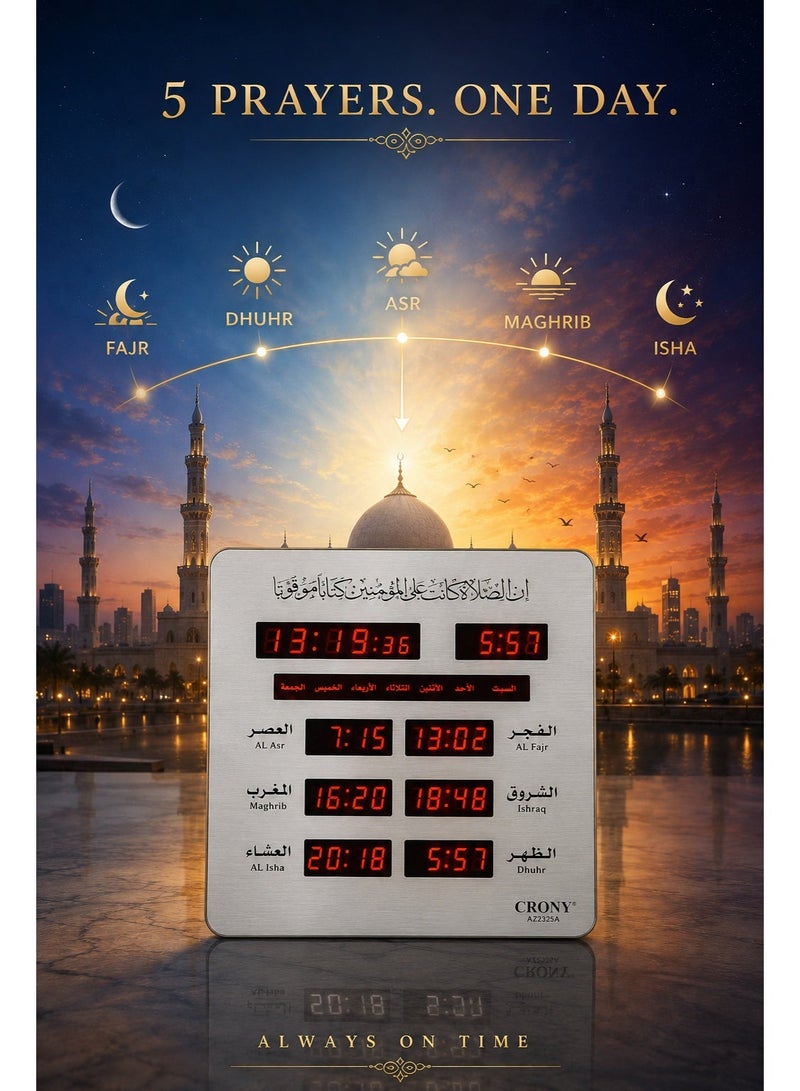Crony Azan Prayer Clock, Digital LED Wall-Mounted AZAN Clock for Muslims - Reminder of Prayer Times with Islamic Calendar, Prayer Alarm Clock, Suitable for Home, Office, Mosque - Arabic Prayer Call 23x5x25cm - Image 5