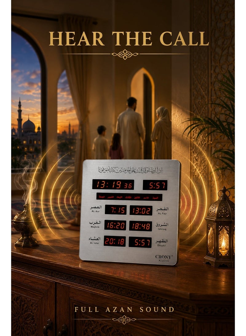 كروني ساعة أذان رقمية LED تُثبّت على الحائط للمسلمين - تذكير بأوقات الصلاة مع تقويم إسلامي، منبه للصلاة، مناسبة للمنزل والمكتب والمسجد - نداء صلاة باللغة العربية 23×5×25 سم - Image 3