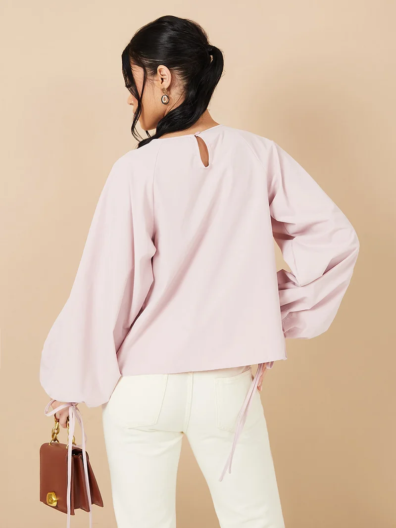 Styli Tie Cuff Balloon Sleeves Round Neck Top