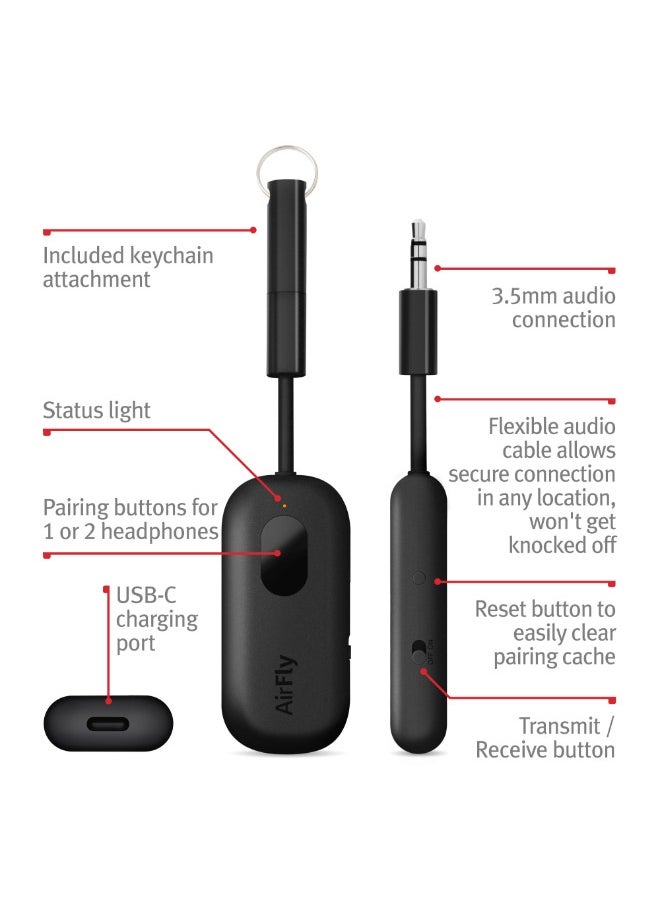 twelve south - AirFly Pro, Bluetooth Transmitter/Receiver, Dual Connection for Two AirPods & Wireless Headphones, Bluetooth Transmitter for TV, Car, Gym, iPad & Tablet, 25+ hr Battery Life - Black - Image 1