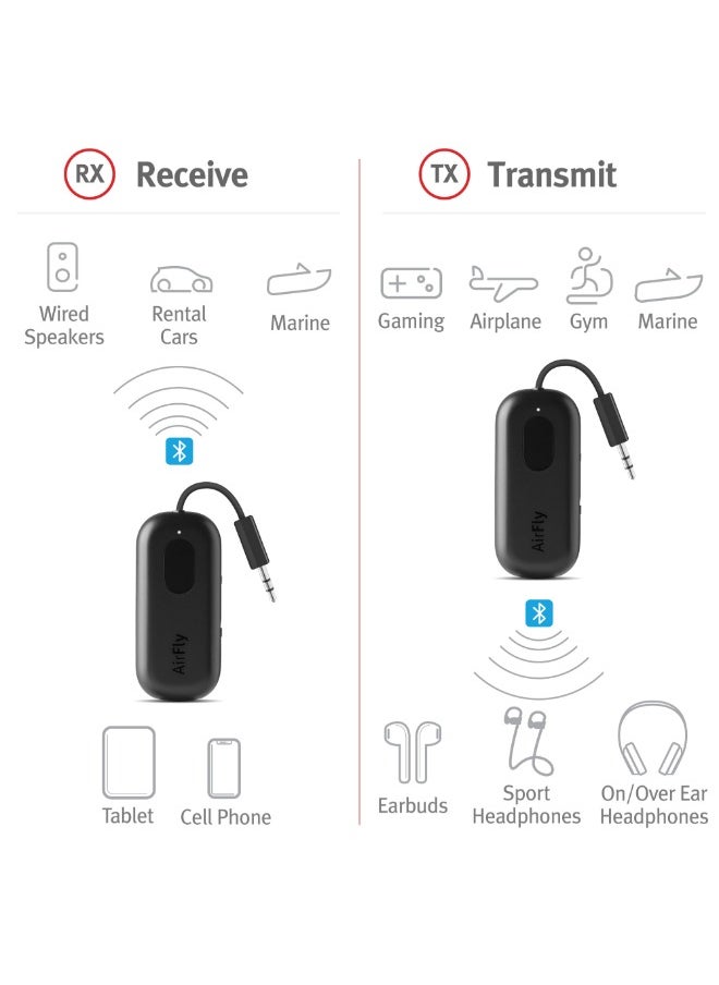 twelve south - AirFly Pro, Bluetooth Transmitter/Receiver, Dual Connection for Two AirPods & Wireless Headphones, Bluetooth Transmitter for TV, Car, Gym, iPad & Tablet, 25+ hr Battery Life - Black - Image 1
