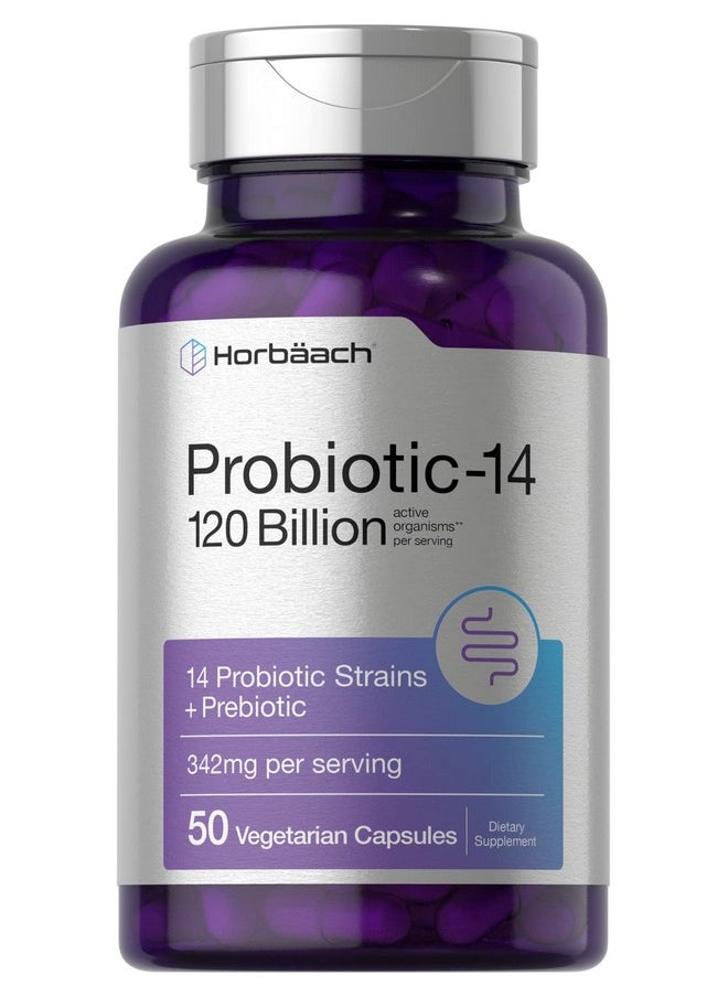 Horbaach Horbäach Probiotics 120 Billion CFU | 14 Strains with Prebiotics | for Women & Men | 50 Capsules | Vegetarian, Non-GMO & Gluten Free Supplement  - Image 1