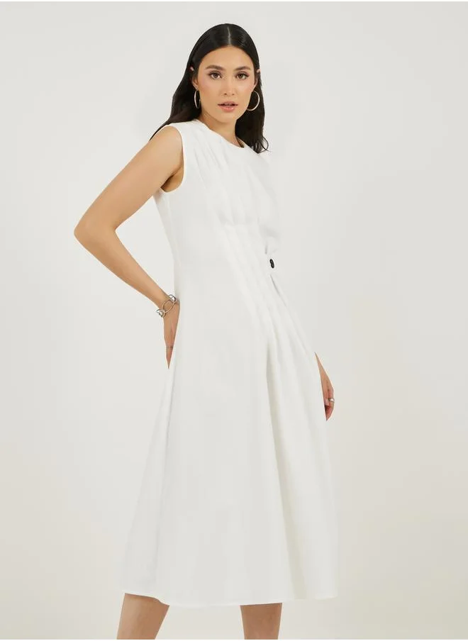 Styli Pleated Front Sleeveless A-Line Midi Dress