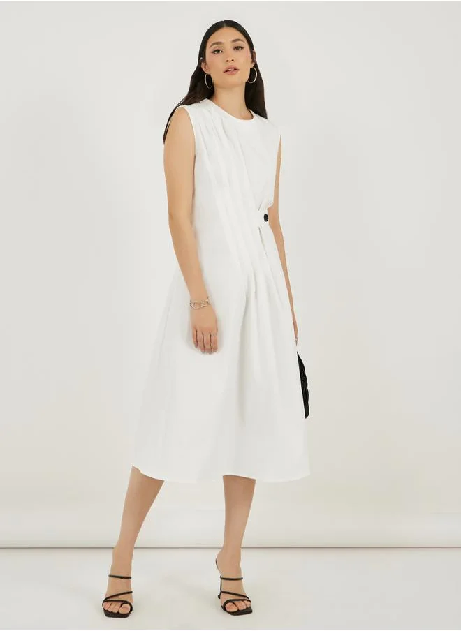 Styli Pleated Front Sleeveless A-Line Midi Dress