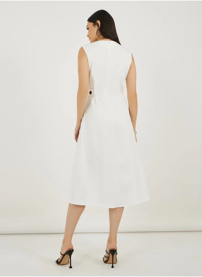 Styli Pleated Front Sleeveless A-Line Midi Dress