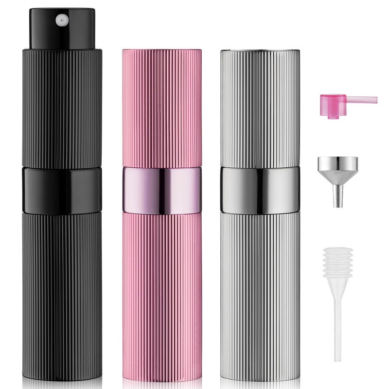 LISAPACK زجاجة عطر LISAPACK للسفر قابلة لإعادة التعبئة رذاذ كولونيا للرجال محمولة بخاخ صغير فارغ لإعادة التعبئة حجم صغير 8 مل مخطط أسود فضي وردي