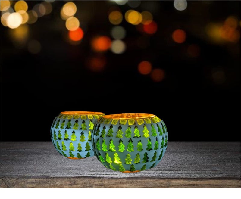 Quace Mosaic Christmas Tree Colorful Glass Candle Tealight Candle Holder 3" Home Décor Indoor Outdoor Christmas Decorations Diwali Corporate Gift (Pack of 2) - Image 4